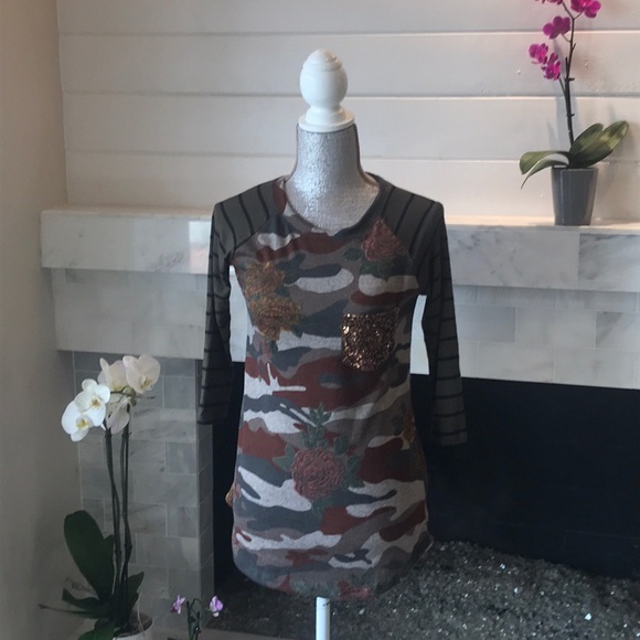 Celeste Tops - Celeste Camouflage and Floral Sequin Long Sleeve Top S EUC